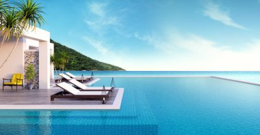 Beach lounge, şezlong Sunbathing güverte ve özel Yüzme Havuzu ve panoramik deniz görüntülemek lüks villasında / 3d render