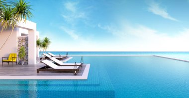 Beach lounge, şezlong Sunbathing güverte ve özel Yüzme Havuzu ve panoramik deniz görüntülemek lüks villasında / 3d render