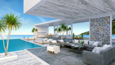  A Modern Beach House,  private swimming pool ,panoramic sky and sea view , 3d rendering clipart