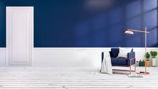 Moderno Soppalco Interno Del Soggiorno Con Poltrone Blu Pavimento Bianco — Foto Stock