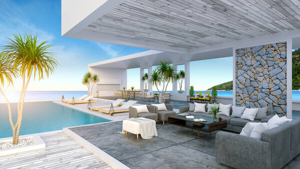  A Modern Beach House,  private swimming pool ,panoramic sky and sea view , 3d rendering