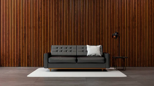 Modern Loft Living Room Interior Black Sofa Old Wood Wall Лицензионные Стоковые Фото