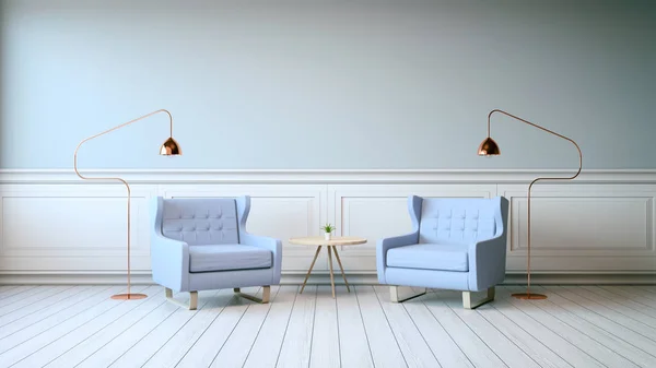 Vintage Interior Design Blue Armchairs White Flooring Gray Wall Render Стоковое Изображение