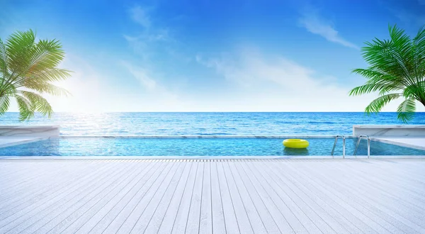 Relaxing Summer Sunbathing Deck Private Swimming Pool Beach Panoramic Sea Стоковое Изображение