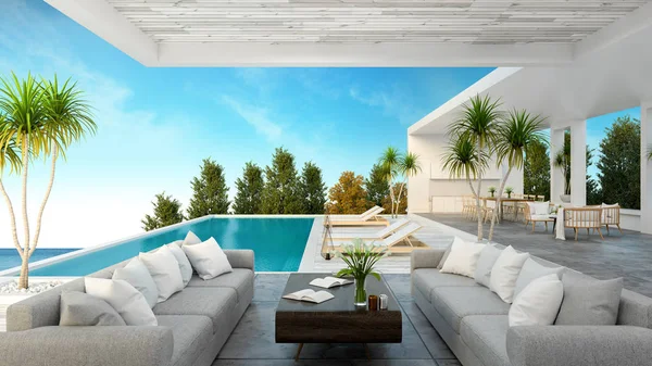 Una Moderna Casa Sulla Spiaggia Piscina Privata Cielo Panoramico Vista Fotografia Stock