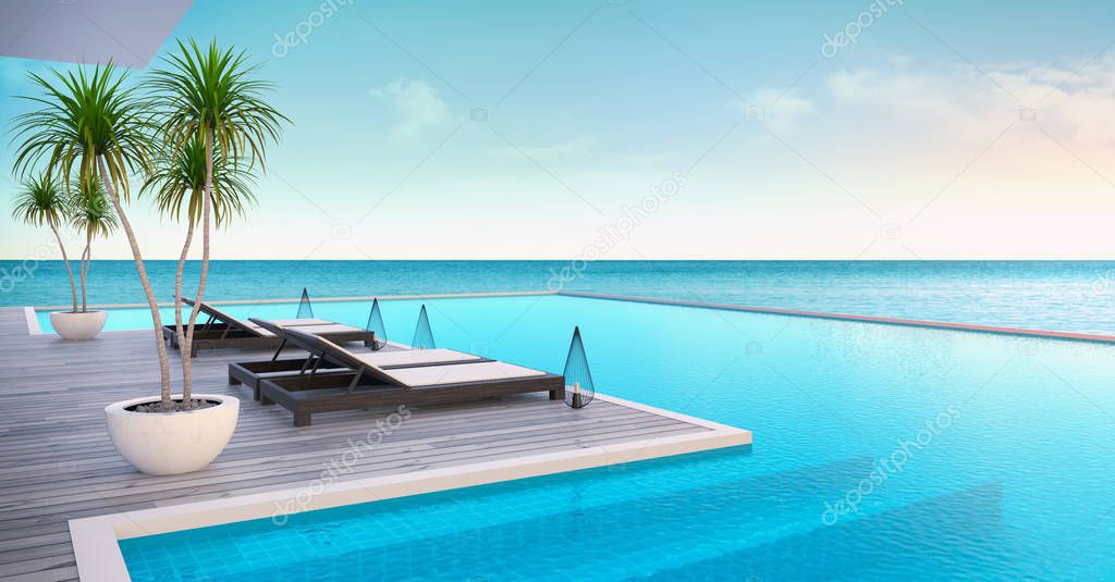 Baech lounge ,sun longers on Sunbathing deck and private swimming pool with  panoramic sea view at luxury villa/3d rendering