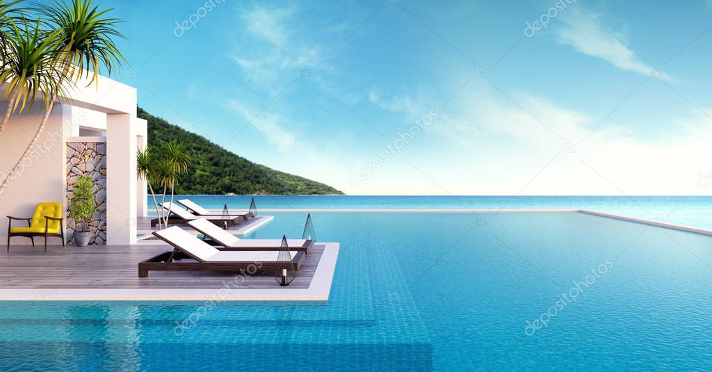 Beach lounge ,sun loungers on Sunbathing deck and private swimming pool with  panoramic sea view at luxury villa/3d rendering