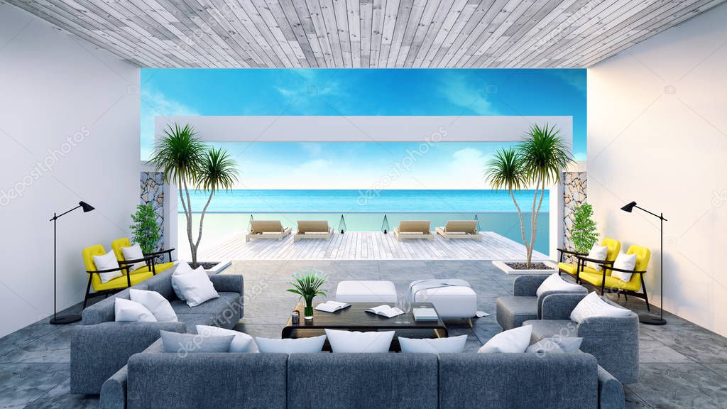  A Modern Beach House,  private swimming pool ,panoramic sky and sea view , 3d rendering