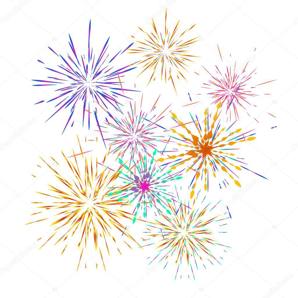 Set of different fireworks explosions. Vector holiday firework.  For celebration, winner, victory poster Independence day of America background