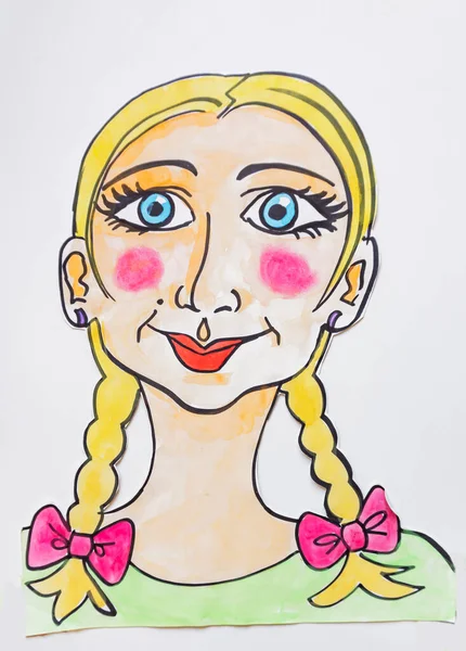 kid drawings young woman face with blond hair and blue eyes