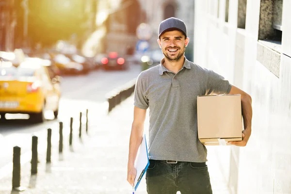 Your Shipping Here Happy Delivery Man Grey Shirt Cap Standing — Stock Photo, Image