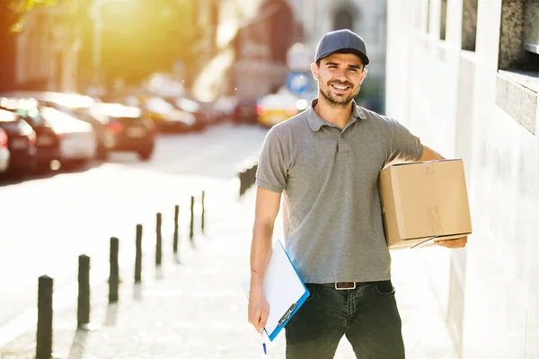 Your Shipping Here Happy Delivery Man Grey Shirt Cap Standing — Stock Photo, Image