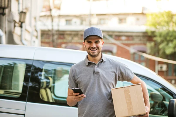 Your Shipping Here Delivery Man Grey Shirt Cap Standing His — Stock Photo, Image