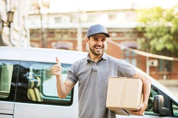 Your Shipping Here Happy Delivery Man Grey Shirt Cap Standing — Stock Photo, Image