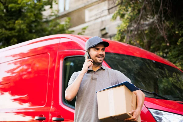 Your Shipping Here Delivery Man Grey Shirt Cap Standing His — Stock Photo, Image