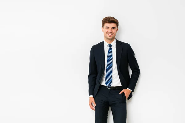 Smiling Confident Handsome Man Looking Camera Joy Elegant Suit Office — Stock Photo, Image