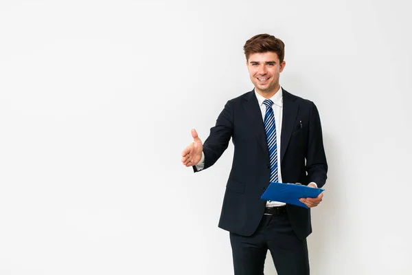 Haciendo Trato Hombre Elegante Guapo Traje Hombre Negocios Vendedor Extiende — Foto de Stock