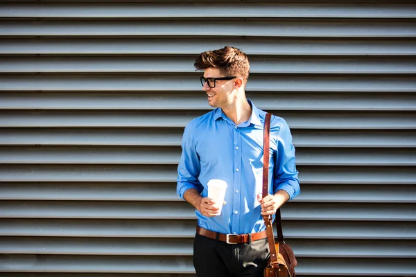 Office Man Glasses Going Work Leather Bag Cup Coffee Somewhere — Stock Photo, Image