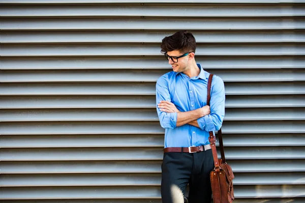 Young Office Man Waiting Wall Something Someone Office Outfit Leather — Stock Photo, Image