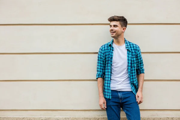 Handsome Man Checkered Shirt Smiling Standing Leaning Wall Free Space — Stock Photo, Image
