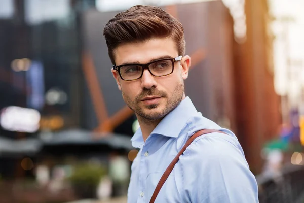 Portrait Young Entrepreneur Handsome Smart Casual Man Eyeglasses Blue Shirt — Stock Photo, Image