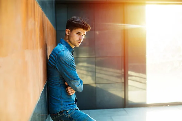 Concept Depressed Modern Guy Dressed All Jeans Looking Serious Sad — Stock Photo, Image