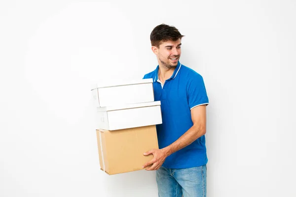 Young Man Blue Shirt Moving His Personal Stuff New Place — Stock Photo, Image