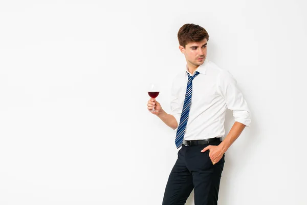Vinho Dos Vencedores Homem Elegante Tomando Copo Vinho Depois Longo — Fotografia de Stock