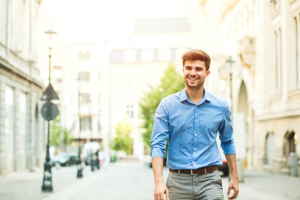 Young Handsome Confident Guy Smart Casual Outfit Office Day Standing — Stock Photo, Image