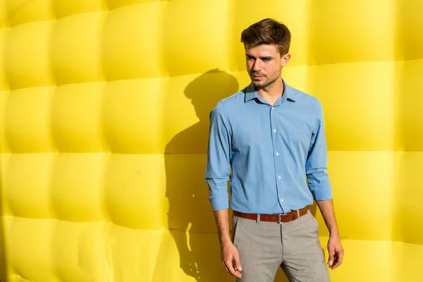 Elegante Ragazzo Intelligente Piedi Uno Sfondo Giallo — Foto Stock