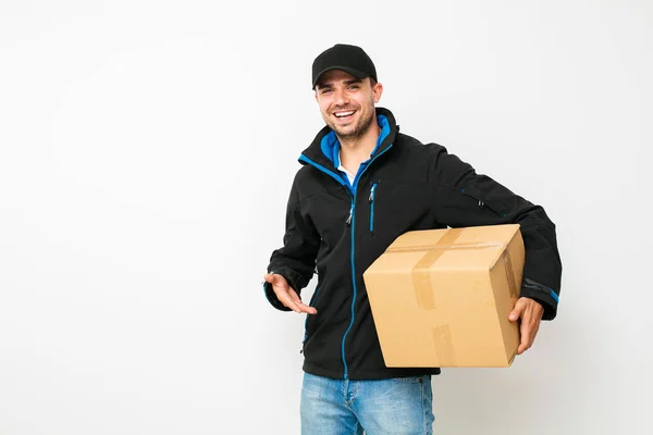 Your Shipping Here Delivery Man Standing Politely Pointing His Cardbox — Stock Photo, Image