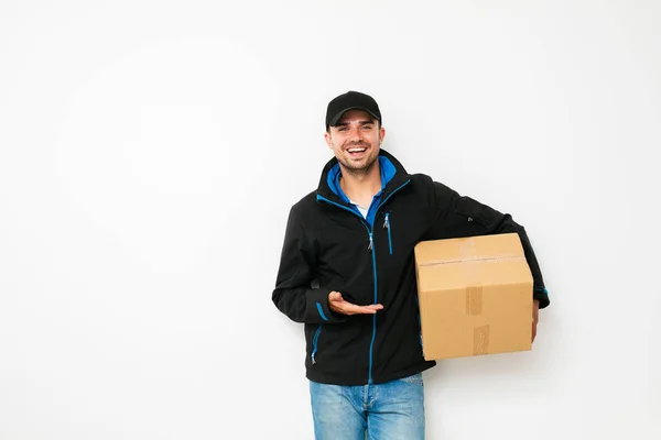 Your Shipping Here Delivery Man Standing Politely Pointing His Cardbox — Stock Photo, Image