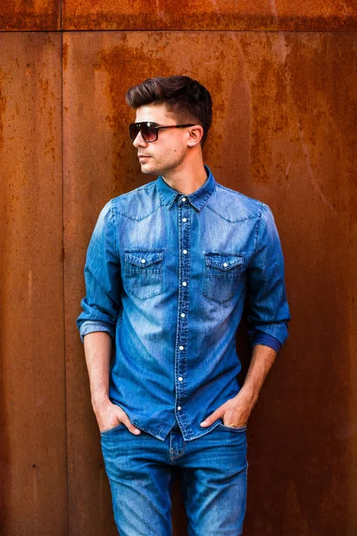 Handsome Sexy Man Young Guy Jeans Outfit Sunglasses Looking Side — Stock Photo, Image