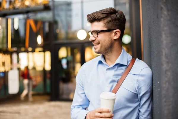Caffee Break Handsome Smart Casual Man Eyeglasses Leather Bag Having — Stock Photo, Image