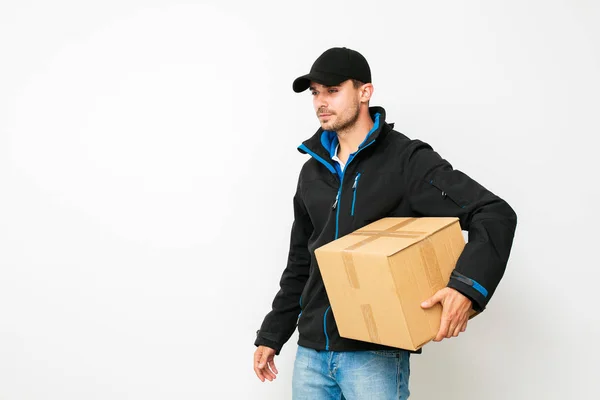 Delivery Man His Package Cardbox Hands Wite Background — Stock Photo, Image