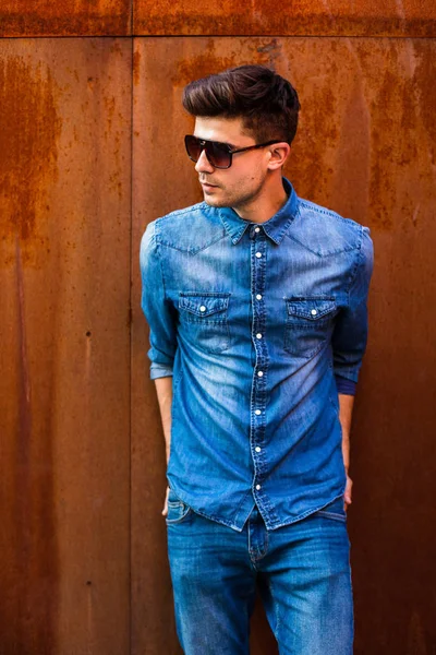 Handsome Sexy Man Young Guy Jeans Outfit Sunglasses Looking Side — Stock Photo, Image