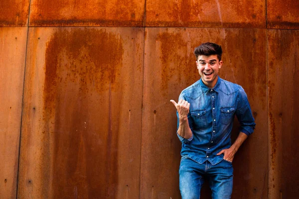 Cheerful Young Man Cool Guy Jeans Outfit Looking Joy Smile — Stock Photo, Image