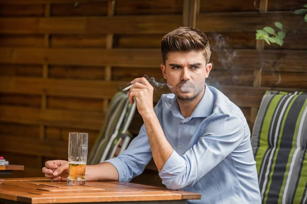 Smoking Young Man Smart Casual Dressed Smoking Cigar Restaurant Terrace — Stock Photo, Image