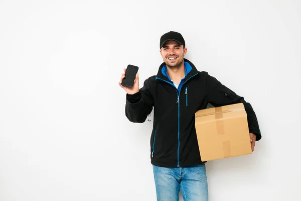 Your Shipping Here Delivery Showing Screen His Mobile Phone Cardbox — Stock Photo, Image