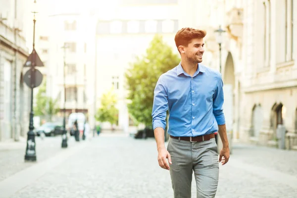 Young Handsome Confident Guy Smart Casual Outfit Office Day Standing — Stock Photo, Image