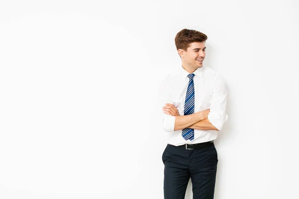 Elegant Relaxed Office Man Coat Blue Tie Standing White Background — Stock Photo, Image