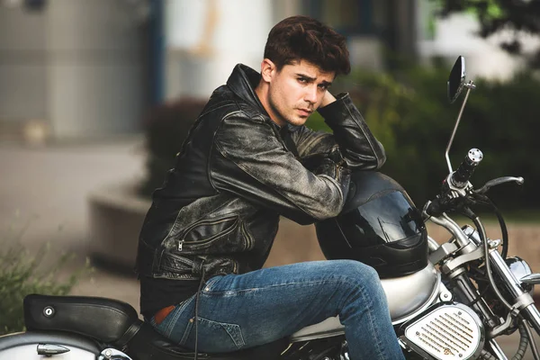 Young Cool Handsome Man Sitting His Motorcycle Waiting Someone Relaxing — Stock Photo, Image