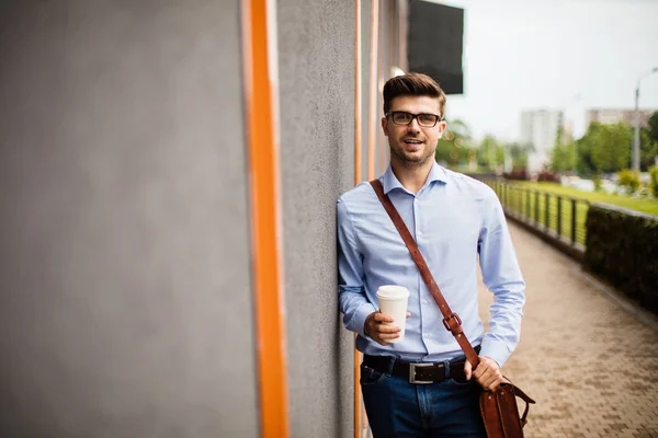 Take Away Coffee Handsome Smart Casual Man Eyeglasses Leather Bag — Stock Photo, Image