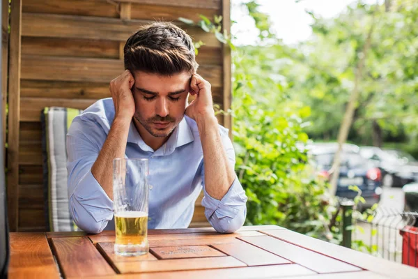 Alcohol Addiction Handsome Young Man Glass Beer Front Thinking Regretting — Stock Photo, Image