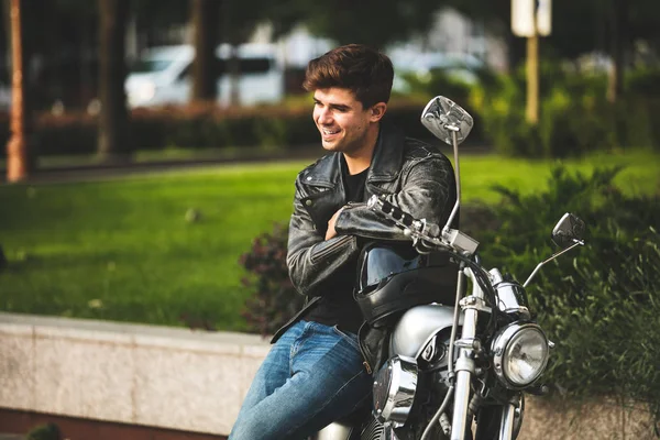 Young Cool Handsome Relaxing Man Sitting His Motorcycle City Center — Stock Photo, Image