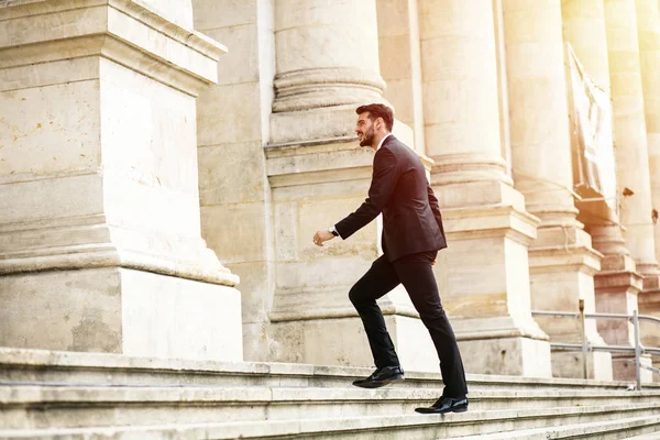 önemli bir toplantıya gidiyor önemli binası, üniversite veya Hukuk Mahkemesi merdivenlerde yürüyen meşgul zarif şık adam, başarılı bir iş adamı,