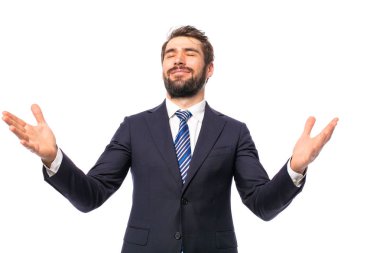 Kurumsal adam, beyaz arka plan üzerinde güven ile ayakta zarif iş adamı