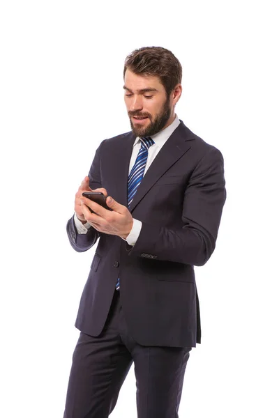 Corporate Man Elegant Affärsman Står Vit Bakgrund Använder Sin Mobiltelefon — Stockfoto