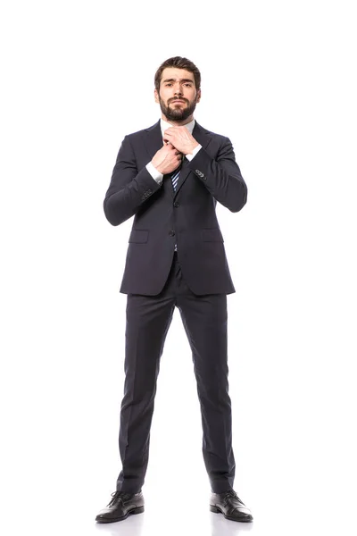 企業人 自信を持って彼のネクタイを固定の白い背景の上に立ってエレガントなビジネスマン — ストック写真