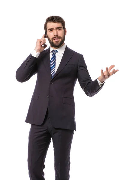 Corporate Man Elegante Zakenman Permanent Witte Achtergrond Met Een Gesprek — Stockfoto